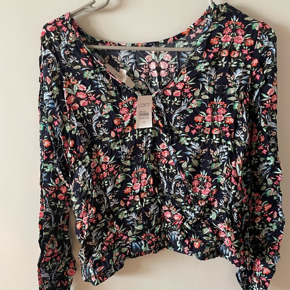 LOFT Pink and Blue Ruched Blouse with Long Sleeves